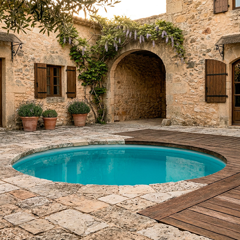 Piscina circular de diseño sin cubierta en patio de piedra de casa rural rehabilitada.