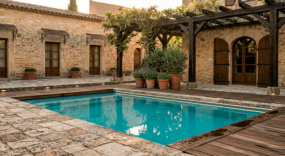 Piscina rústica con agua turquesa vista en casa de campo de piedra.
