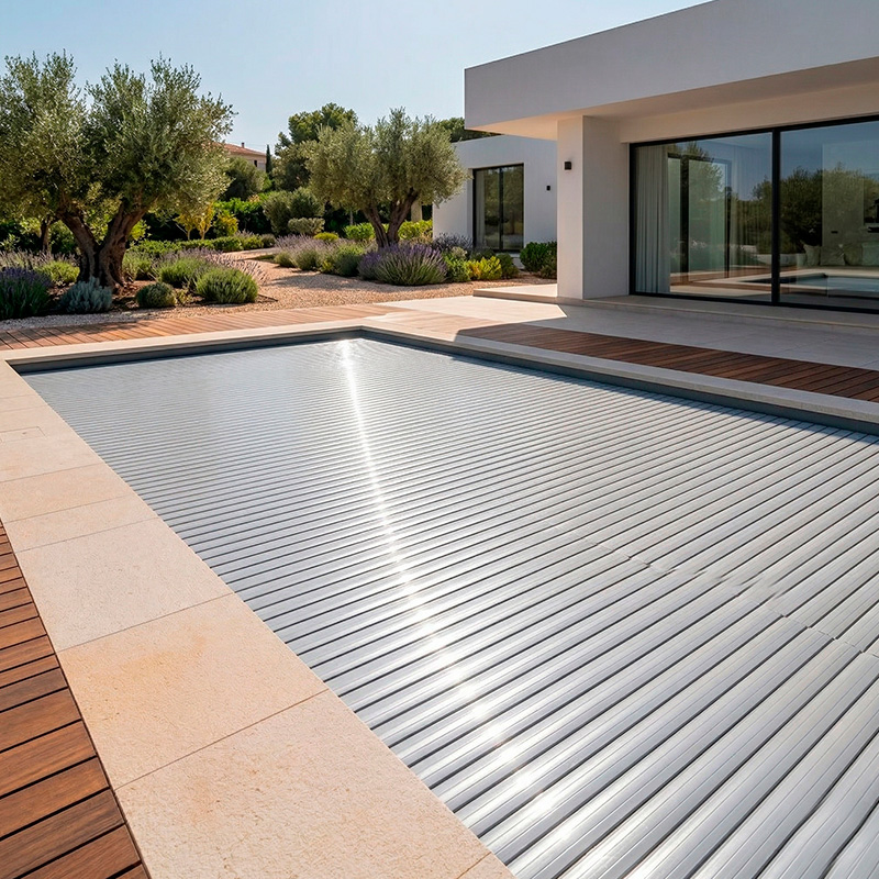 Persiana sumergible de lamas rígidas grises cerrada sobre piscina moderna de terrazo beige.