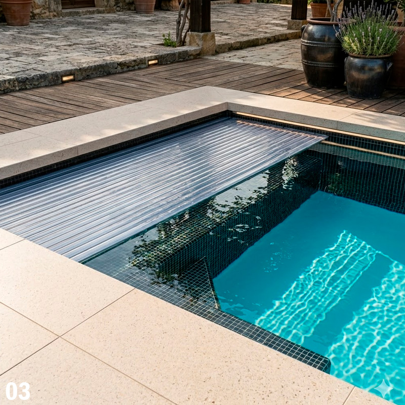 piscina de gresite negro con cubierta sumergible de lamas de policarbonato