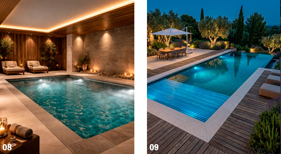 Piscina interior: el spa privado definitivo e Iluminación LED nocturna: la cubierta como escenario