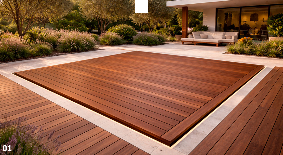 piscina cuadrada con cubierta sumergible de madrea IPE