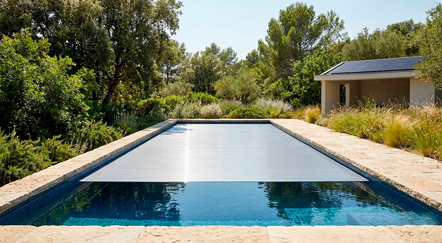 Piscina con cubierta de persiana automática gris cerrada en un jardín con vegetación densa.