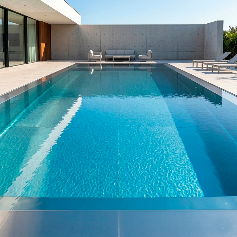 Piscina rectangular de diseño minimalista con muro de hormigón visto y mobiliario de exterior gris.
