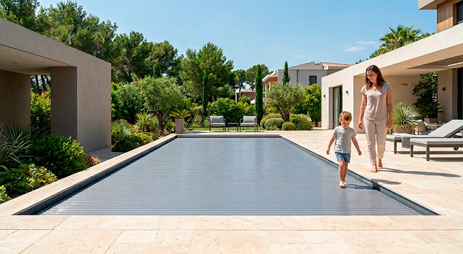 Madre e hijo caminando sobre una cubierta de lamas rígidas gris para piscina en un jardín moderno.