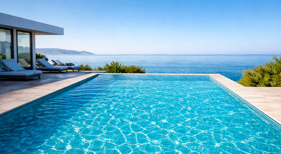 Piscina rectangular con borde de piedra clara frente al mar y hamacas en la terraza de una villa moderna.