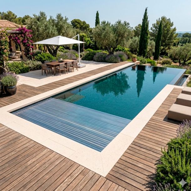 piscina infinity con cubierta sumergible de lamas de policarbonato