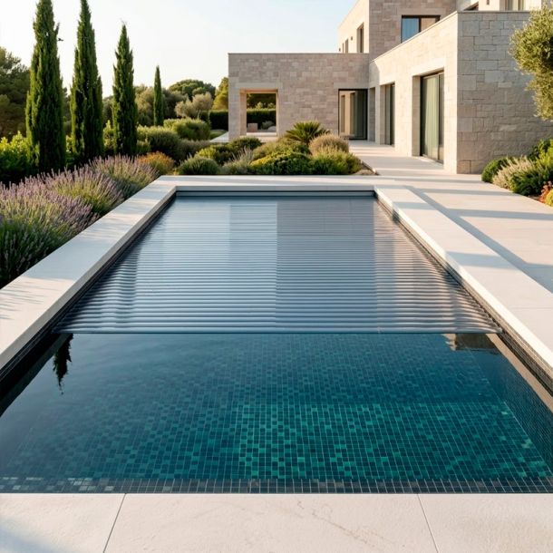 Cubierta automática de lamas de policarbonato sobre piscina con gresite oscuro, villa de piedra y jardín con cipreses