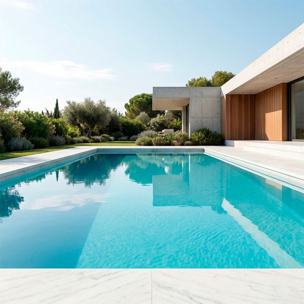 Piscina de agua calmada que refleja la arquitectura de una casa de diseño moderno y árboles.